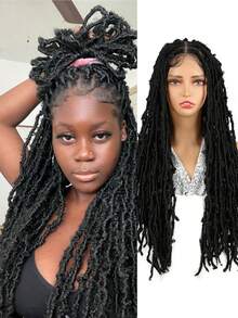 30 英寸女士编织假发，双层全蕾丝无结辫，黑色蝴蝶方形卷发辫子假发，合成蕾丝前编织假发，带婴儿头发，手工编织假发，适合圣诞节、新年、狂欢节和音乐节