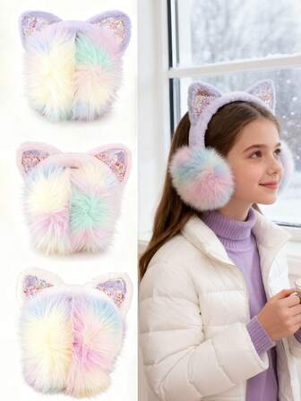 Cute Earmuffs With Fluffy Ear Flaps & Sparkling Accents - Soft Plush Winter Headwear For Girls, Pink & Pastel Colors, Perfect For Fall/Winter, Cute Earmuffs