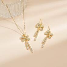 Gold-Plated Copper Micro-Inlaid  Double Pendant Bow Tassel Necklace Women's Earring Set Jewelry Accessories - Vòng cổ XE0136 - Xem 6