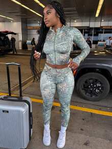 Autumn Retro Style Fashion Slim Fit Floral Pattern Cropped Top Tight Trousers Daily Street Women's Suit