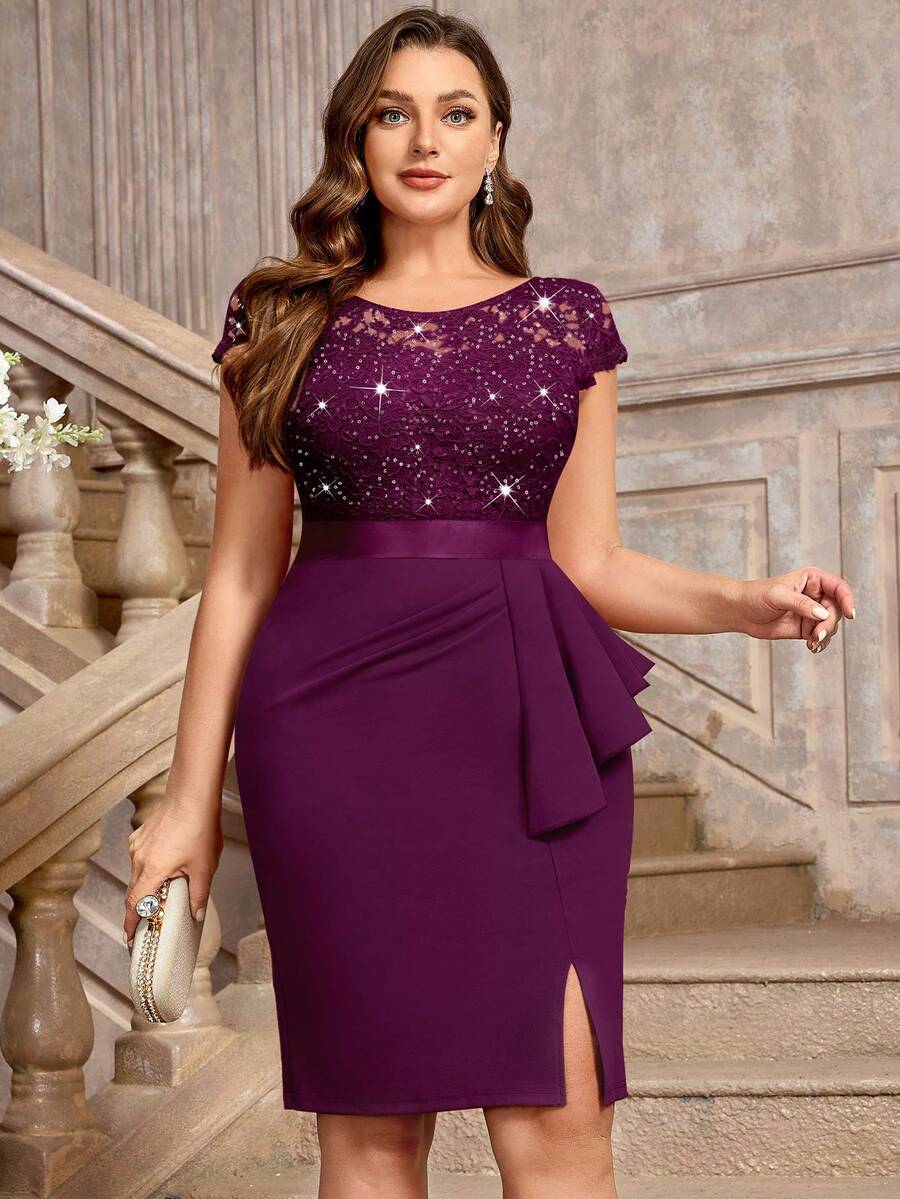 Plus Sequin Lace Bodice Ruffle Split Thigh Wrap Hem Cocktail Party Bodycon Dress, Valentine's Day Dress, Summer Dress, Evening Party Dress, Graduation Dress, For Birthday, Wedding Guest, Homecoming Spring