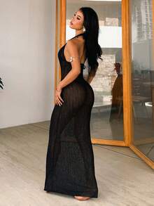 PEPPERMOLLY 2026 Bestselling 3 PiecesBlack Swimsuit Set, Sexy Backless Halter Design, Paired With Mesh Cover-Up, Hot Selling Bikini For Summer Beach Vacation And Pool Party, Perfectly Flattering Figure - Black - View 5