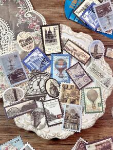 50 miếng/gói nhãn dán phong cách tem bưu chính cổ điển, nhãn dán trang trí DIY cho sổ kế hoạch, album, đồ thủ công - Nhiều màu - Xem 12