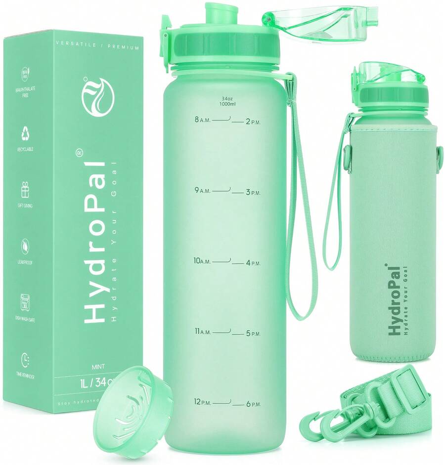 Unistar Water Bottle With Time Marker -Large 34 Oz Tritan Bottle & No Sweat Sleeve -Leak Proof Gym Sports Bottle With Fruit Infuser Strainer & Carrying Strap - Gift Package For Christmas - 綠色 - 查看 1