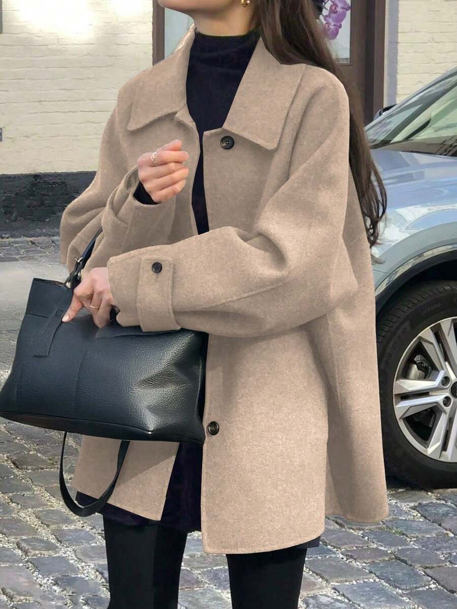 Women's Simple Solid Color Pocket Front Button Turndown Collar Raglan Sleeve Overcoat, Autumn/Winter - Lạc đà - Xem 1