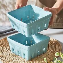 Ceramic Berry Basket Square Fruit Bowls With Holes Berry Bowl Colander Fruit Basket For Kitchen Décor - 5.8" Berry Containers For Fridge, Set Of 2, Blue - Màu xanh nhạt - Xem 3