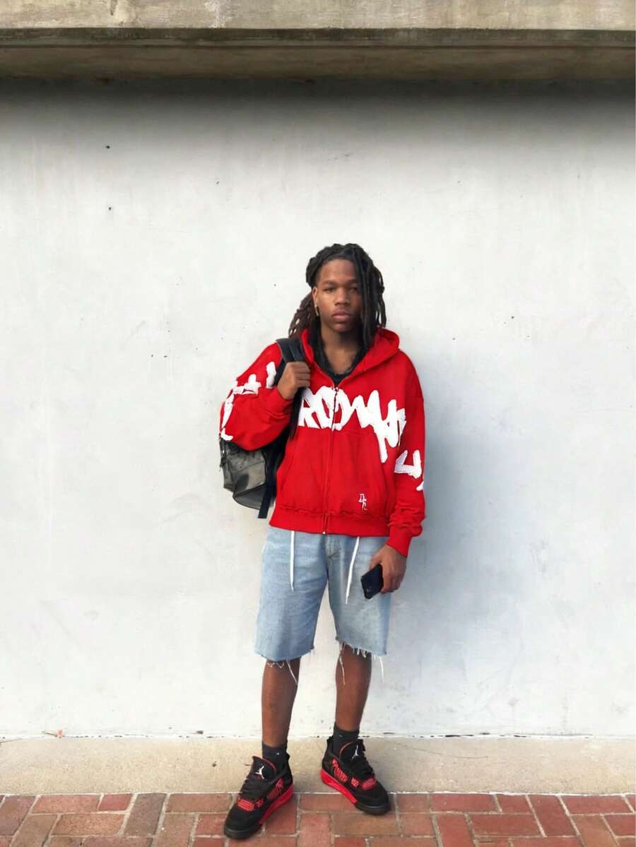 Hooded Sweatshirt With Unique Street-Style 3D Letter Print, Zip-Up Loose Top, Y2K Autumn And Winter - 紅色 - 查看 1