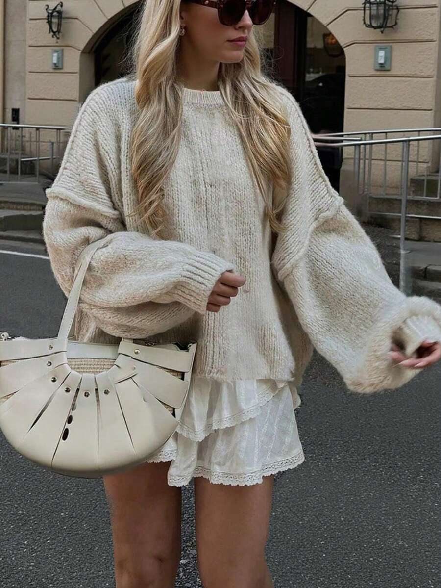 Suéter feminino Freeform Outono/Inverno, moda minimalista, gola redonda, casual, para viagem, elegante, férias, quente, sofisticado, versátil, emagrecedor, dia da vitória, top fofo, estilo coreano - Nova cor de damasco - Ver 1