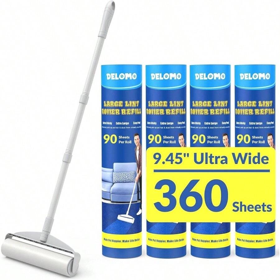 Large Lint Rollers Carpet, Sticky Rollers Floor 9.45 In With 3 Extendable Handle, Long Handle Sticky Mop Cleaning Carpets, Clothing, And Pet Hair