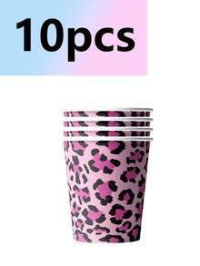 10pcs Pink Leopard Print Themed Party Tableware Set Paper Plates, Cups And Napkins. Ideal For Camping, Travel And All Manner Of Events. Birthday Party Supplies. - Multicolor - View 10