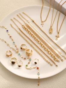 17KM Colar Y multicamadas com pingente de cristal em cruz, simples e moderno, 16 peças, conjunto de anéis empilháveis âmbar, cor outono/inverno, conjunto de pulseiras de corrente grossa exagerada, conjunto de joias femininas, adequado para feriados, encontros, uso diário, festas, casamentos, Natal, presente de Ação de Graças