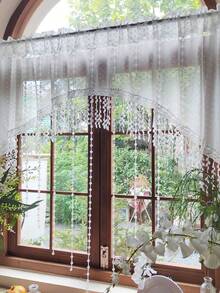 1pc Beaded Arched Lace Door Curtain Valance With Tassel White Pompoms Pattern Princess Style Sheer Short Cafe Curtain For Kitchen Bathroom Window Rod Pocket Top - White - View 8
