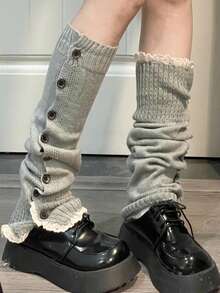 1 par de calentadores de pierna de unicolor versátil con botones, de estilo cálido y acogedor para otoño e invierno, con diseño de punto y botones para mujer - Multicolor - Ver 12