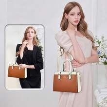 KURGOOL Handbags Purses For Women,  Leather Dual-Tone Tote Purse, Designer Handbag Shoulder Bag Top Handle Satchel Bags{"Color_name":"A1-BrownWhite"} - A1-棕色白色 - 查看 3