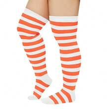 Zando Plus Size Thigh High Socks For Thick Thighs Women Striped Thigh High Stockings Over The Knee Socks Leg Warmers{"Size_name":"OneSize","Color_name":"OrangeWhite"} - 橘白 - 查看 3