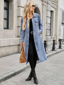 大码女式长款牛仔夹克外套，优雅时尚的秋冬风衣 - 藍色 - 查看 4