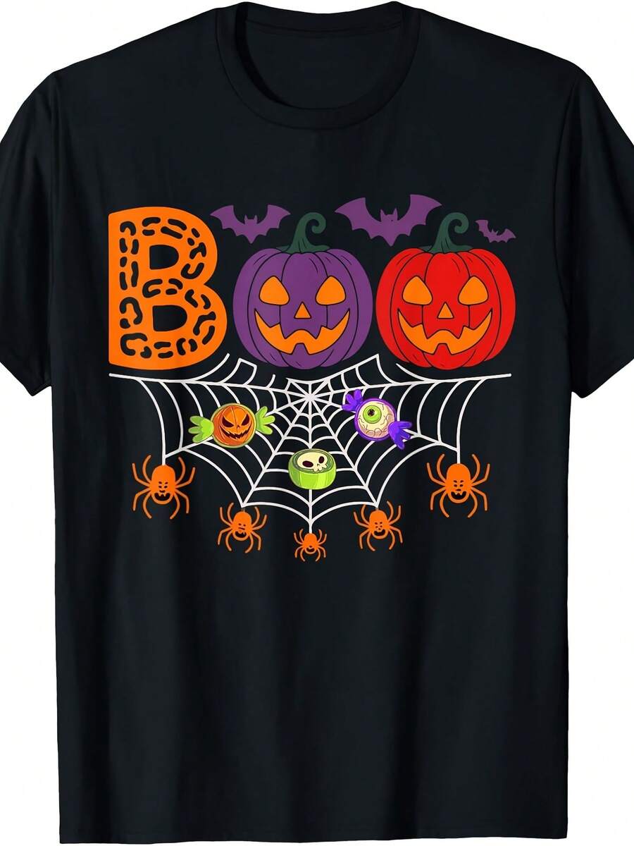Boo Halloween Colorful Carved Pumpkins Spiders Costume Party T-Shirt - Style 28 - View 1