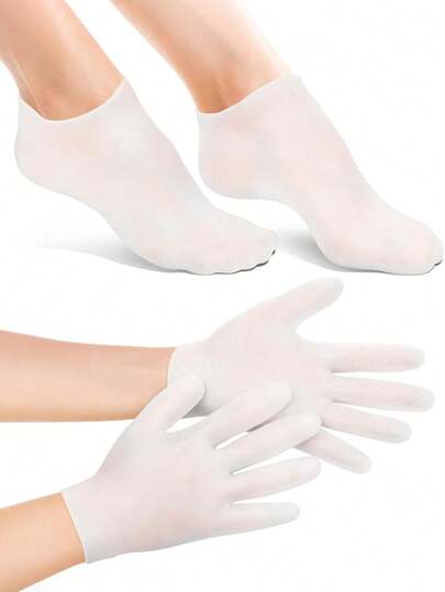 2 pares de guantes y calcetines de silicona hidratantes, calcetines de spa de gel antideslizantes y suaves para suavizar pies y la piel reseca, calcetines de pedicura de spa para mujeres para el cuidado de pies después de la pedicura (rosa)
