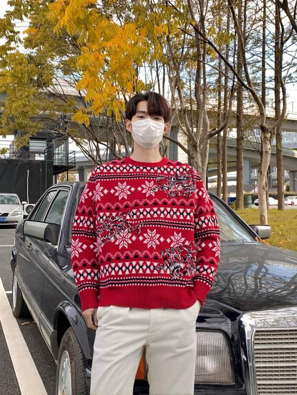 Suéter masculino de Natal, suéter vermelho com estampa de floco de neve, novo estilo 2025, borla desgastada