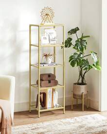 Bookcase, 5-Tier Bookshelf, Slim Shelving Unit For Bedroom, Bathroom, Home Office, Tempered Glass, Steel Frame - Gold - View 2