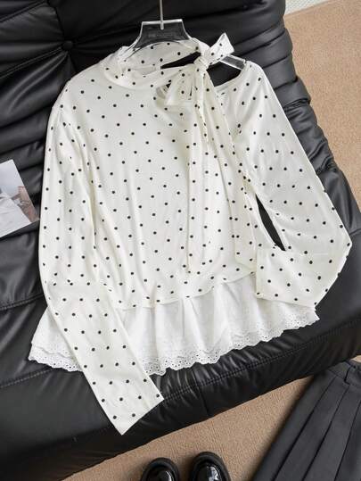 Autumn/Winter Casual Sweet Cute Off-Shoulder Polka Dot Tie Hem Lace Patchwork High Neck Long Sleeve Blouse For Women, Suitable For Christmas, Spring New Year Outfits