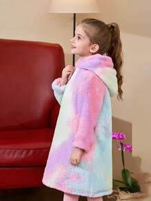 女童加厚抓绒卫衣裙 - 扎染图案，宽松版型，保暖舒适，长袖设计，及膝长度，时尚舒适的休闲连衣裙 | 青少年服装 | 针织，女童冬季服装 - 彩色 - 查看 4