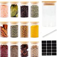 Conjunto de 12 peças, mini potes herméticos de vidro, recipientes de armazenamento de vidro para cozinha, potes de vidro para especiarias com tampas de bambu, potes de vidro de 100 ml/200 ml/300 ml, recipientes para armazenamento de alimentos e grãos, inclui etiquetas adesivas e marcador branco, adequado para cozinha doméstica, especiarias, açúcar, chá, café, farinha, ervas, grãos, ideal para decoração de bancadas de cozinha, presentes de casamento e feriados