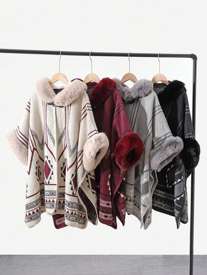 1pc Vintage Fur Collar Hooded Geometric Pattern Belt Buckle Poncho Shawl