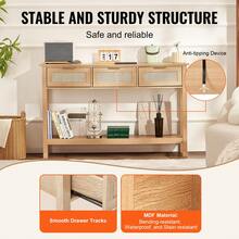 Rattan Console Table With 3 Storage Drawers, Rattan Entryway Table With Natural Rattan Sliding Door, Console Sofa Table For Living Room, Study, Entryway Or TV Wall, Natural - 3 Storage Drawers - 查看 5
