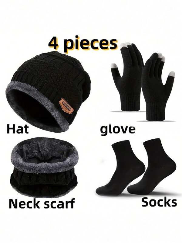 Winter Set Hat Scarves Gloves Warm Socks 4pcs Warm Men Women Fashion Thickening Plus Wool Neck Protect Cap Outdoor Riding Casual