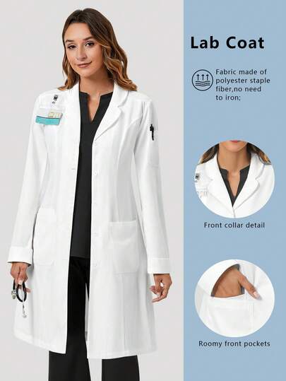 cimmuovere Women's Long Sleeve V-Neck Scrubs Nurse Scrubs Workwear Dentist Healthcare Pet Hospital Laboratory Coat