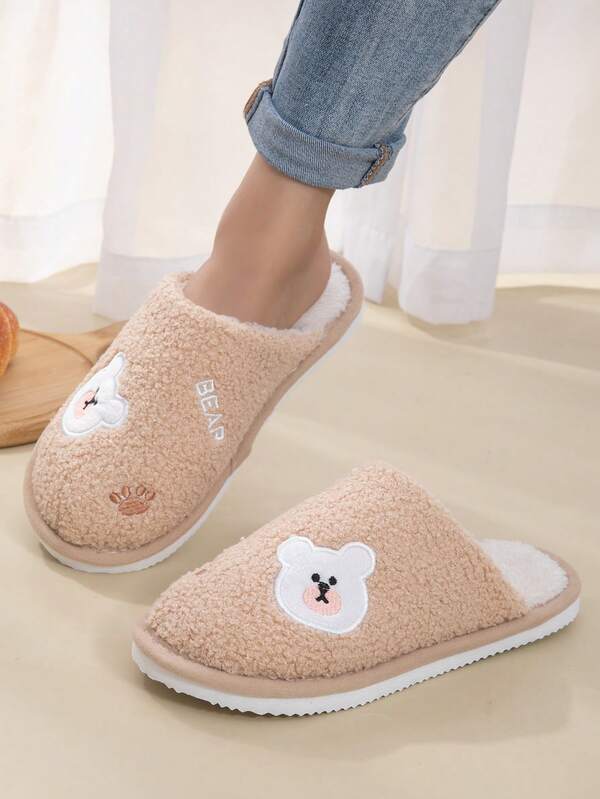 New Autumn/Winter Women's Open Toe Slippers, Bear Claw & Letter Embroidery, EVA Sole, Cartoon Bear Head Design, Cute & Fashionable Casual Indoor Warm Comfortable Slip-On