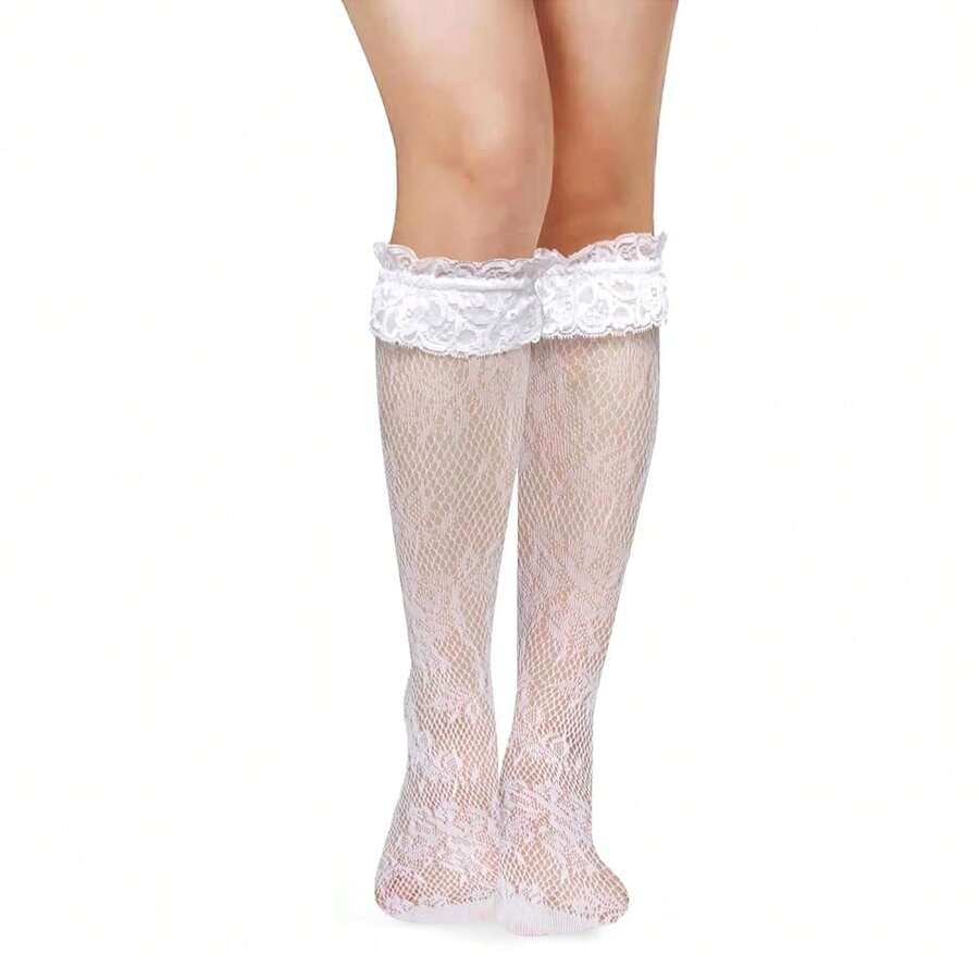 Benefeet Sox Lace Knee High Socks Women Girls Patterned Mesh Fishnet Knee High Stockings Hollow Calf Lolita Sock{"Color_name":"White-LaceRuffleRoseFloral"} - 白色蕾絲荷葉邊玫瑰花香 - 查看 1