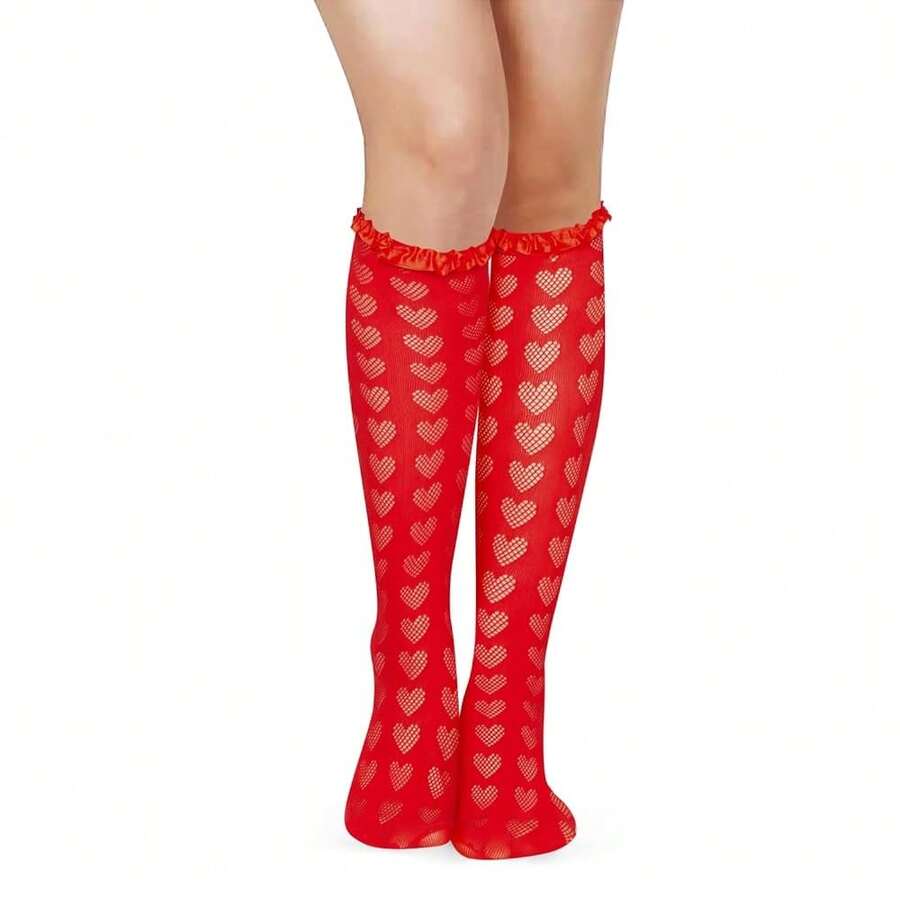 Benefeet Sox Lace Knee High Socks Women Girls Patterned Mesh Fishnet Knee High Stockings Hollow Calf Lolita Sock{"Color_name":"Red-Heart"} - 紅心 - 查看 1