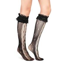 Benefeet Sox Lace Knee High Socks Women Girls Patterned Mesh Fishnet Knee High Stockings Hollow Calf Lolita Sock{"Color_name":"Black-LaceRuffleFloralPattern"} - 黑色蕾絲荷葉邊花卉圖案 - 查看 6