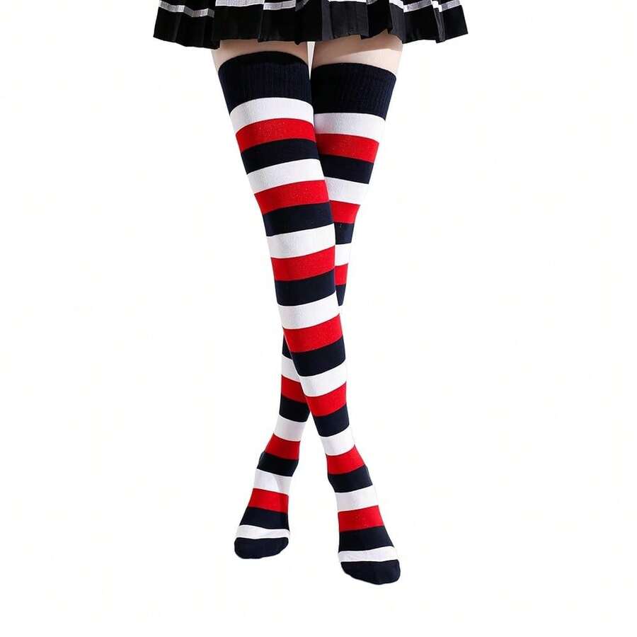 Kayhoma Extra Long Cotton Stripe Thigh High Socks Over The Knee High Socks{"Size_name":"Medium","Color_name":"Blue/Whtie/Red"} - 藍/白/紅 - 查看 1