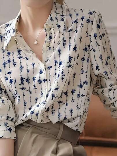 Camisa de manga larga con estampado floral elegante, camisa de poliéster con estampado integral de moda para mujeres, adecuada para vacaciones, viajes, uso diario, primavera y otoño