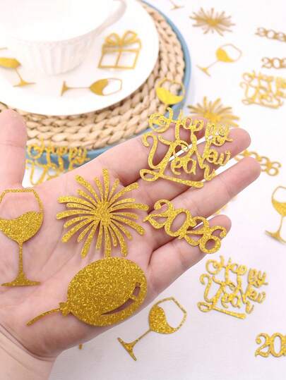 100pcs Gold & Silver Glitter 2026 Happy New Year Paper Confetti Decorations, With 2026 Number, Fireworks, Balloons, Champagne Glasses, Gifts Tabletop Scatter, Foil Confetti For New Year, Christmas, Santa Claus Gifts, 2026 New Year Party, Birthday, Theme Party, Anniversary