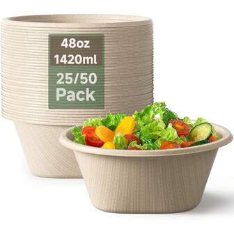 大号一次性碗 - 重型纸碗 - 由甘蔗和竹纤维制成，可微波 - 48 盎司/1420 毫升纸碗，用于盛放汤、沙拉、拉面、爆米花等。[25/50 包]