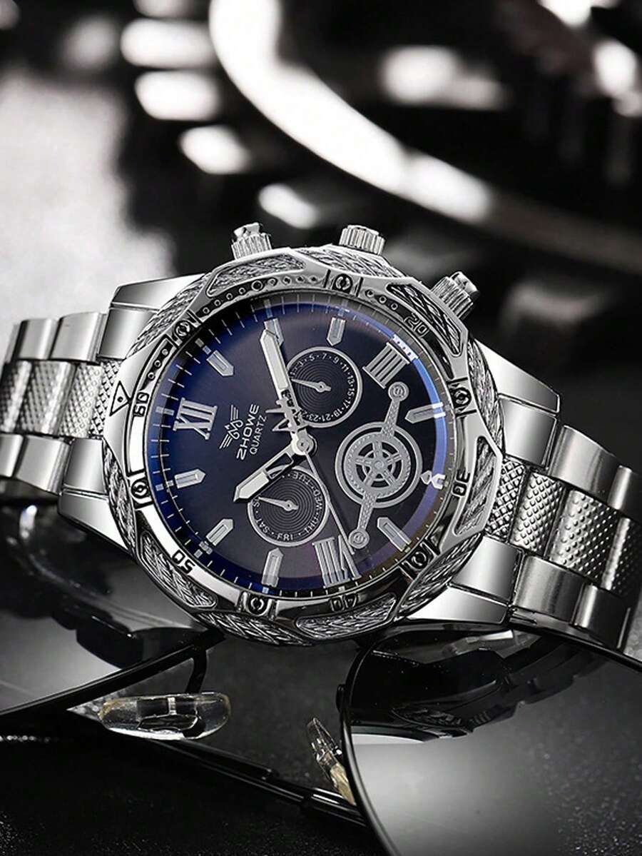 1pc Fashion Business Classic Oversized Dial Men's Alloy Strap Quartz Watch - Silver - View 1