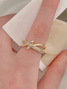 5pcs Elegant Luxury Geometric Criss-Cross Star & Snowflake Design Metallic Cubic Zirconia Embedded Copper Rings Set, Suitable For Wedding, Party Wear - Yellow Gold - View 7