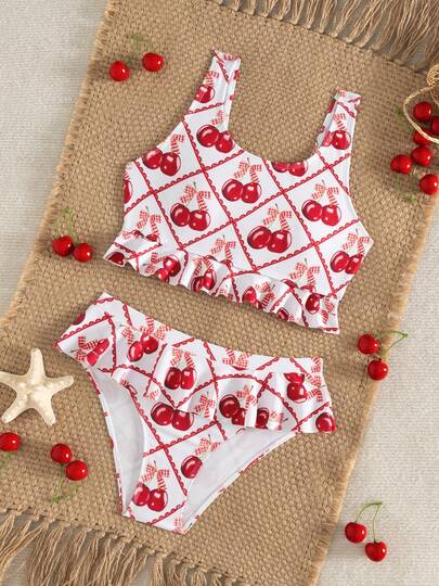 Young Girl Cherry Bow Print Swimsuit Set