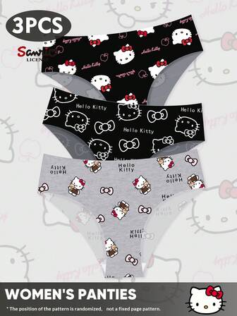 Sanrio 3st Set Sanrio Kitty Cat Tryckt sömlösa byxor med låg midja, underkläder för kvinnor
