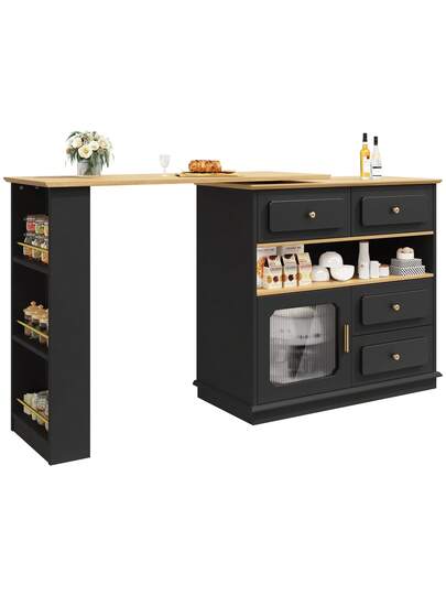 Moderne Bar Tafel Extendable, Rotatable 360 Degrees, Shelves Drawers, High Kitchen Isl Sideboard Cabinet Glass, Dining Room Living view 8