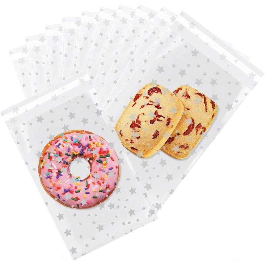100 Pcs Cellophane Bags 4 X 6 Inch Silver Star Self Sealing Clear Cellophane Bags,For Gift Wrapping,Packaging Candies,Dessert,Bakery, Cookies, Chocolate,Party Party Decorations - 透明 - 查看 1