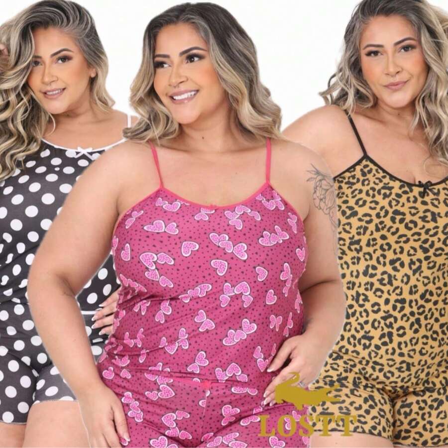 Kit com 3 Baby Doll Plus Size em  Poliéster Estampado Short Doll Feminino Pijama Adulto mais Conforto para Dormir.
