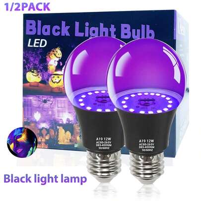 (1/2 Paquetes) Bombillas LED UV de luz negra Kasotile, Bombilla LED de luz negra de 12W para decoración de Halloween, Base E27/E26, Nivel UVA 385-400nm, Bombilla de luz negra para pintura corporal fluorescente, póster y fiesta de resplandor