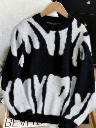 1 件青少年女孩优雅时尚日常通勤学校复古拼色休闲舒适套头针织毛衣，春/秋/冬