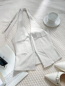 Top corto aderente con scollo a V, gommini metallici, spacco asimmetrico sul davanti e stecche in acciaio, stile Y2K, adatto per l'estate - Bianco - Visualizzare 4