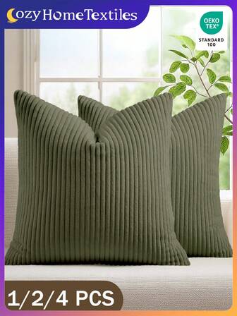 1/2/4pcs Corduroy Striped Decorative Pillow Cover, Skin-Friendly And Comfortable, Soft And Breathable, Military Green Plush Pillow Cover, For Sofa Bedroom Living Room, Stylish Soft Couch Pillow Covers For Home Decor, Bedroom, Outdoor Use, Sofa Cushion Cover, Office, Living Room, Cozy Home Textile, Back To School, Autumn Decor Home, Fall Home Decor, All Seasons